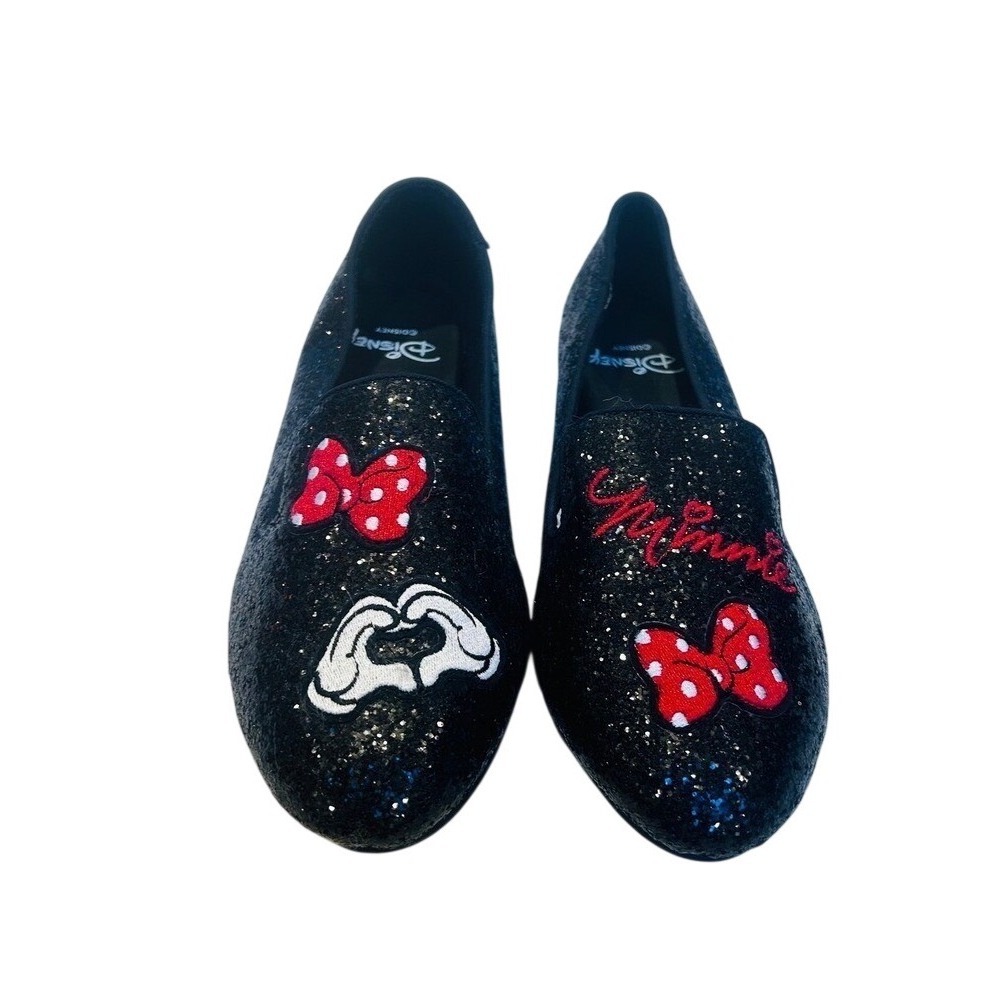 Disney Minnie Mouse Black Glitter Loafers Shoes Women's Sparkle Bow‎ Heart